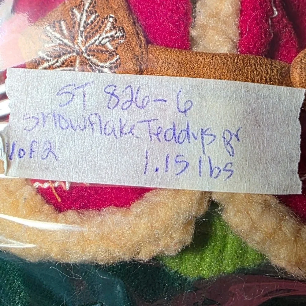 Dan Dee Snowflake Teddy Black Red Green Holiday Plush 2000 Pair 12x16in